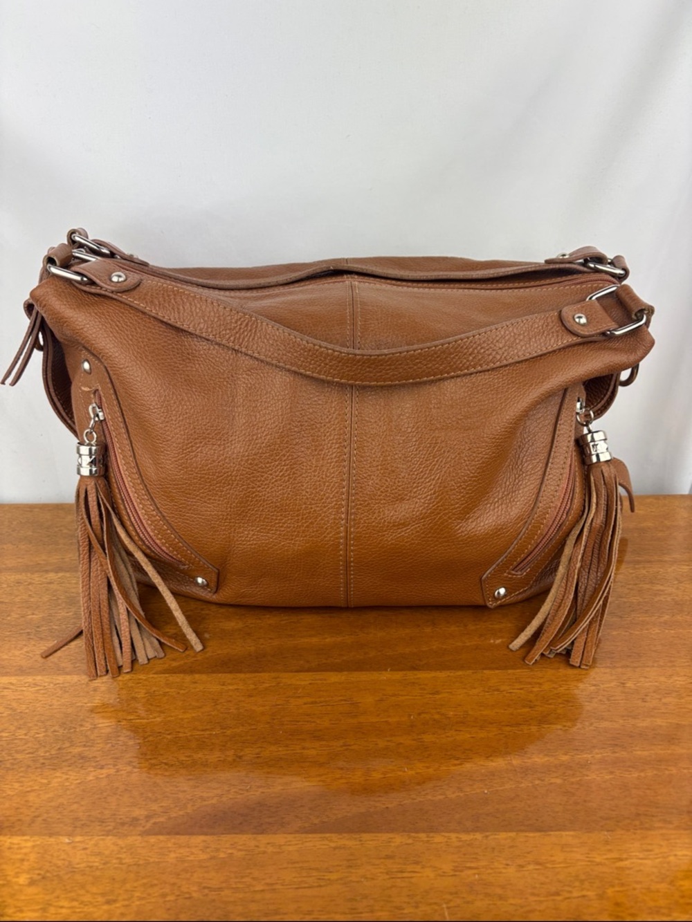 Boho tan pebbled Italian leather slouchy hobo bag tassel purse